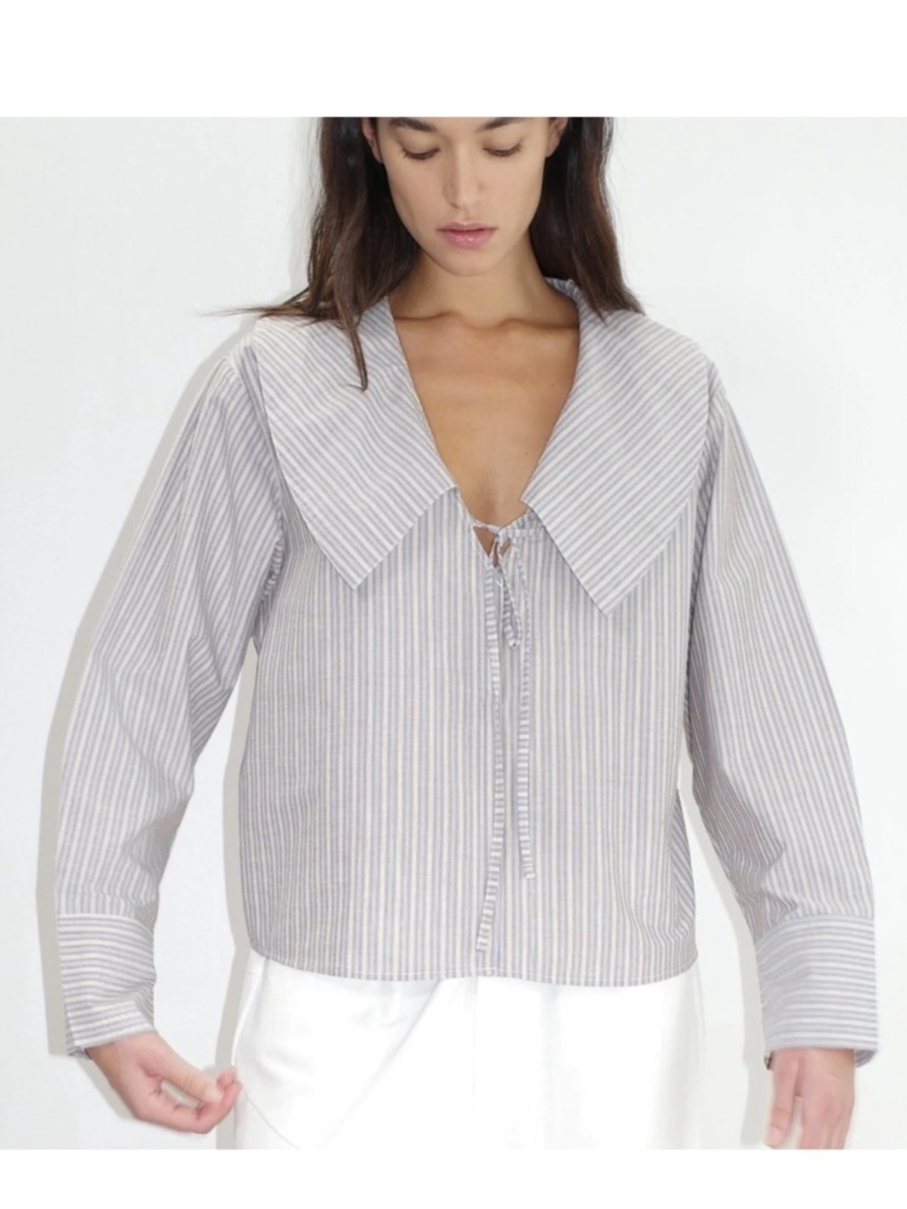 Deiji Studios Collared Tie Shirt in Seas Stripe Size Large - Picture 2 of 14